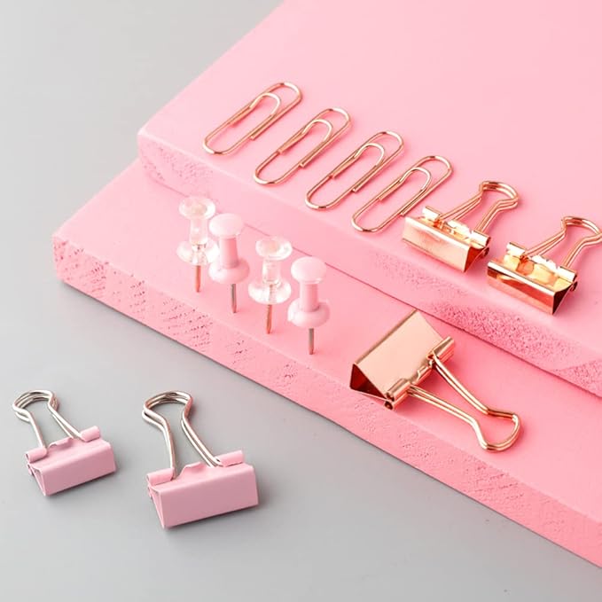 Paper Clips and Binder Clips Set, 3 Pack, 216 pcs, Metal Assorted Sized Binders with Push Pins, Cute Rose Gold Office Supplies for Desk, Desk Accessories-DeskLoop Office