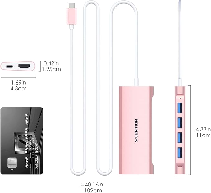 LENTION 3.3FT Long Cable USB C Multiport Hub with 4K HDMI, 4 USB 3.0, Type C Charging Compatible 2023-2016 MacBook Pro, New Mac Air/iMac/Mac Mini, More, Stable Driver Adapter (C35-1M, Rose Gold)-DeskLoop Office
