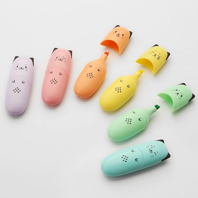 6 pieces Cat Shape Cute Mini Highlighter Pen Pastel Color Chisel Tip Kawaii Kids Stocking Stuffers Gift Highlighter Marker-DeskLoop Office