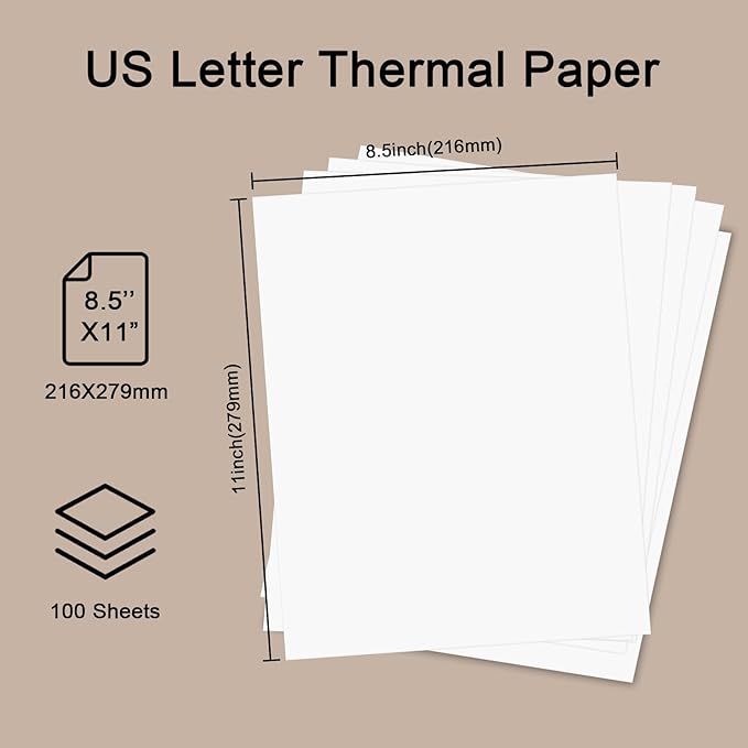 100 Sheets Thermal Printer Paper, 8.5''×11'' US Letter Size, Advanced Printing Paper, Thermal Paper Compatible with Brother Letter Portable Printer, Printer Paper for M08F-Letter, M832, M834, MT800