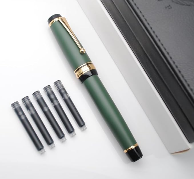 Metal Big Fountain Pen Set Medium Nib 0.7mm, Includes Ink Refill Converter, 5 Ink Cartridges & Gift Box (Medium Nib 0.7mm, Matte Green)-DeskLoop Office