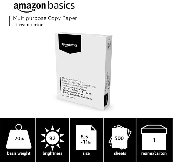 Amazon Basics Multipurpose Copy Printer Paper, 8.5 x 11 Inches, 20 lb, 1 Ream, (500 Sheets), 92 Bright, White-DeskLoop Office