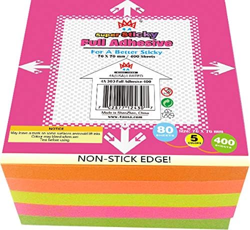 Sticky Full Adhesive Notes,3 1/3 x 3 Inches,80 Sheets/Color,Self-Stick Notes,5 Colors/Pack,400 Sheets Total,4A 303-Full Adhesive-400-DeskLoop Office