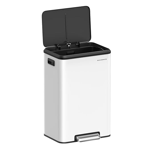 SONGMICS Kitchen Trash Can, 10.5-Gallon (40L) Garbage Can with Lid and Wide Foot Pedal, Soft Close and Stays Open, White ULTB541W40-DeskLoop Office