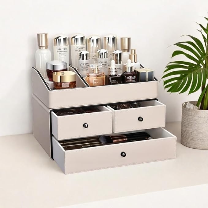 KINGFOM Leather Makeup Organizer with 3 Drawers, 2 Tier Cosmetic Storage Organizer for vanity Dresser Countertop and Bathroom Vanity, Beauty Holder for Lipstick Brush Skincare (Beige)-DeskLoop Office