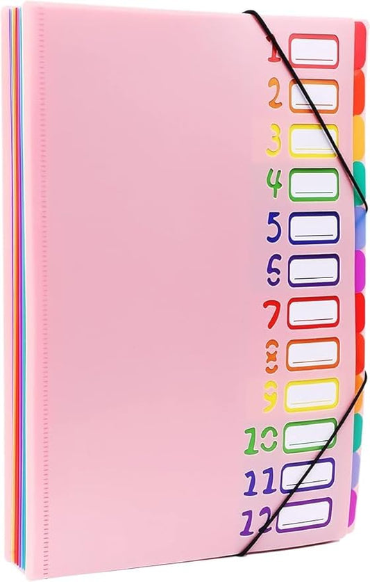24 Clear Pocket Expanding File Folder with 12 Colored Tabs,Durable A4 Letter Size Organizer,Holds 300 Sheets, Project File Organizer, Numbered Index on Cover,Water-Resistant (Pink)-DeskLoop Office