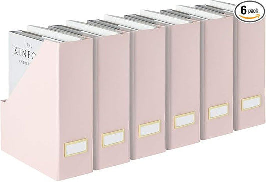 BLU MONACO Set of 6 Foldable Pink Magazine Holder with Gold Label Holders – Cute Stylish Magazine Storage for Shelves, and Closets – Book Bins, File Desk Organizer, and Document Storage-DeskLoop Office