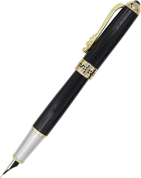 Gullor Fountain Pen with Ink Converter, Golden Dragon Clip, Executive Pen for Smooth Writing, Fine Nib, Black-DeskLoop Office