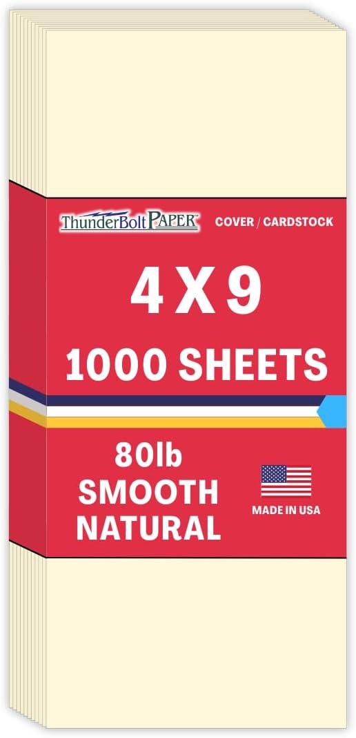 1000 Natural Smooth Card Stock Sheets Paper - 4" X 9" (4X9 Inches) #10 Envelope Insert Size - 80# (80 lb/pound) Cover Weight - Quality Paper - Smooth Finish-DeskLoop Office