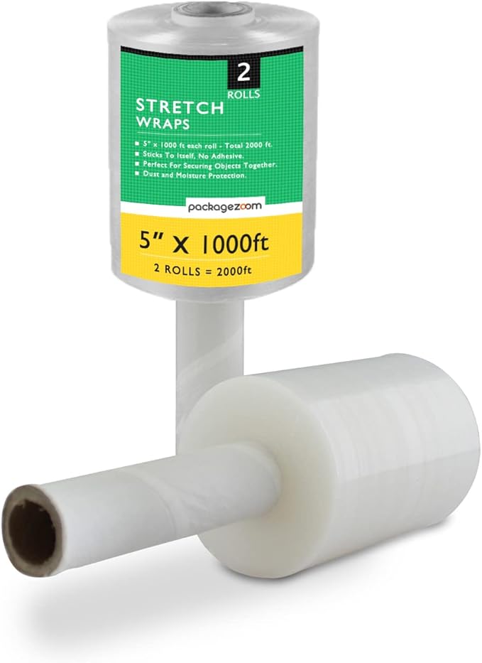 2 Pack Mini Hand Stretch Wrap 5" 1000 Ft Rolls PackageZoom Industrial Strength Clear Plastic Wrap for Box, Furniture Wrapping, 55 Gauge Shrink Wrap for Moving & Packing-DeskLoop Office