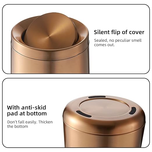 10 L/2.6Gallen,Swing Lid Gold Brass Trash Can,Brushed Nickel Garbage Can Bathroom with Flipping Lid,for Bathroom, Living Room,Bedroom,Hotel (Rose Gold)-DeskLoop Office