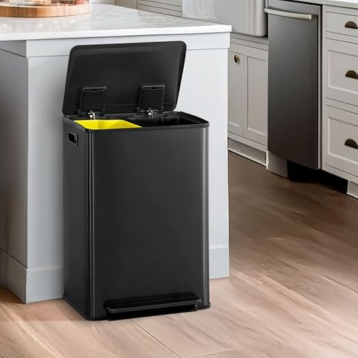 CAPHAUS Black Dual Trash Can w/Single Lid, Trash & Recycle Bins Combo, Hands-Free Stainless-Steel Garbage Can for Kitchen, with 2 Compartment, Hinged Lid, Odor Filters, Handles, 30L+30L, 2 x 8 Gal-DeskLoop Office