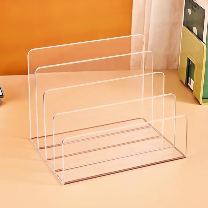Acrylic File Organizer, 4Sections Clear Desk Organizer for Home Office, Desktop File Folder, Acrylic Mail Organizer Countertop for Notebook, Document and Paper, Clear File Holder,1Pcs-DeskLoop Office