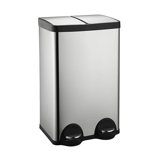 Dual Trash Can, 60 Liter/16 Gallon Dual Bin Trash Can with Lids, Kitchen Trash Can Dual Compartments, Trash and Recycling Bin Combo, Hands-Free Stainless Steel Kitchen Trash Can-DeskLoop Office