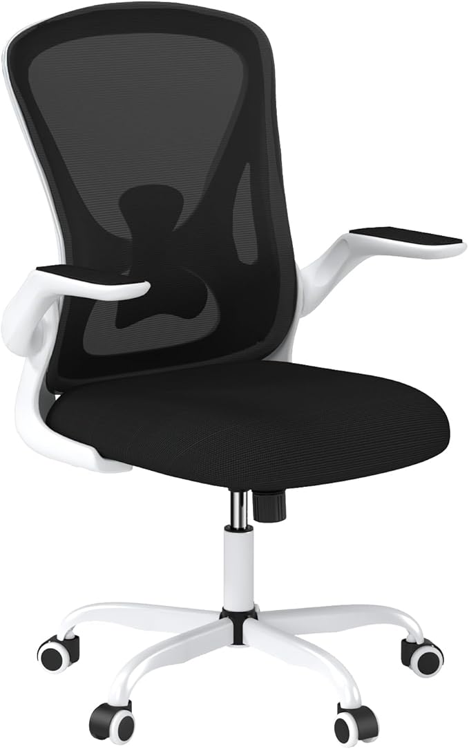 Sytas Ergonomic Desk Chair with Padded Flip up Arms and Supportive Lumbar Support, Breathable Mesh Home Office Chair with Comfortable Cushion for Home or Office(White)-DeskLoop Office