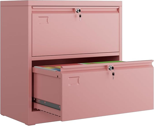 2 Drawer Lateral File Cabinet, Metal Wide Filing Cabinet with Independent Locks, Home Office Furniture for Hanging Files Letter/Legal/F4/A4 Size, Assembly Required, Pink-DeskLoop Office