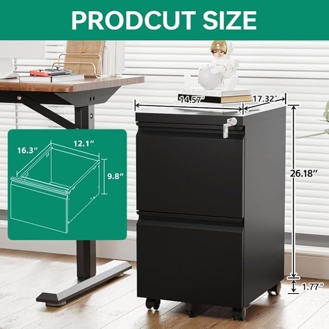 Letaya 2 Drawer Mobile File Cabinet with Lock, Under Desk Metal Rolling Filing Cabinets for Home Office Organizer Letters/Legal/A4 (Black- Requires Installation)-DeskLoop Office