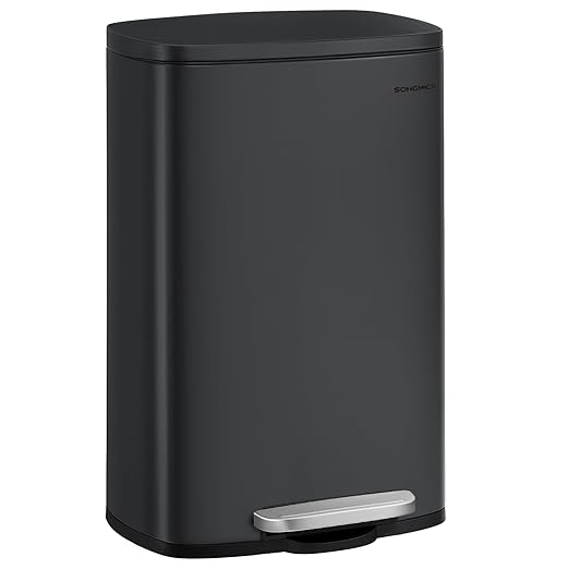 SONGMICS 13 Gallon (50 L) Trash Can, Stainless Steel Kitchen Garbage Can, Recycling or Waste Bin, Soft Close, Step-On Pedal, Removable Inner Bucket, Black ULTB050B01-DeskLoop Office
