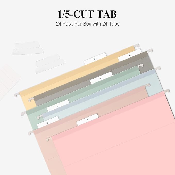 ViVin Hanging File Folders, 1/5-Cut Adjustable Tabs with 24 Per Box, 1 Inch Expansion, 24 Pack Letter Size Hanging File Folders, Designed for Office Home School Filing Cabinet(Assorted)-DeskLoop Office