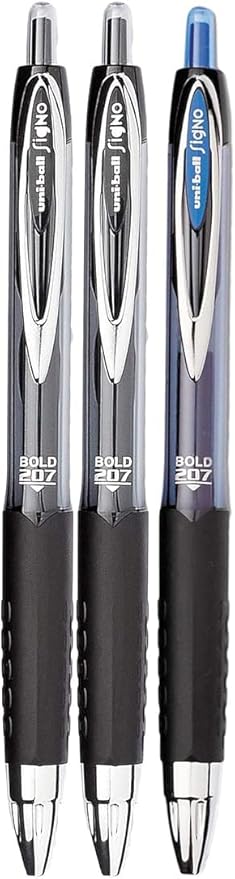 Signo 207 Roller Ball Retractable Gel Pens, Bold Point (1.0mm), Black And Blue Ink, 3 Count, Bundle with Plastic Reusable Pouch-DeskLoop Office