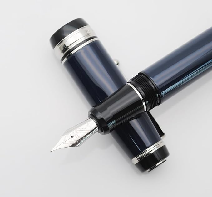 Metal Big Fountain Pen Set Medium Nib 0.7mm, Includes Ink Refill Converter, 5 Ink Cartridges & Gift Box (Medium Nib 0.7mm, Dark Blue with Silvery Clip)-DeskLoop Office