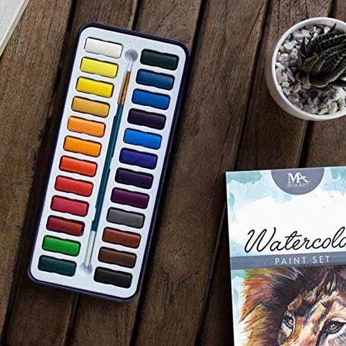 MozArt Supplies Watercolor Paint Essentials Set - Lightweight and Portable Metal Box - Lid Has 3 Partitions for Color Mixing - Easy-to-Blend Non-Toxic Formulation - 24 Vibrant Colors with Paintbrush-DeskLoop Office