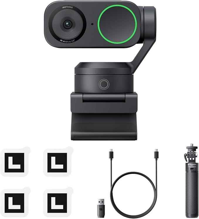 Insta360 Link 2 Tripod Bundle - PTZ 4K Webcam for PC/Mac, 1/2" Sensor, AI Tracking, HDR, AI Noise-Canceling Mic, Gesture Control for Streaming, Video Calls, Gaming, Works with Zoom, Teams, Twitch-DeskLoop Office