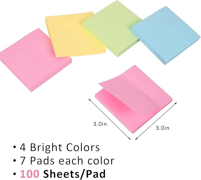 HappyHapi Sticky Notes 3x3 Inches Bulk 28 Pack 2800 Sheets Colored Self-Stick Pads, 100 Sheets/Pad, 4 Bright Colors (Yellow, Green, Pink, Blue) for Office Supplies, School, Home-DeskLoop Office