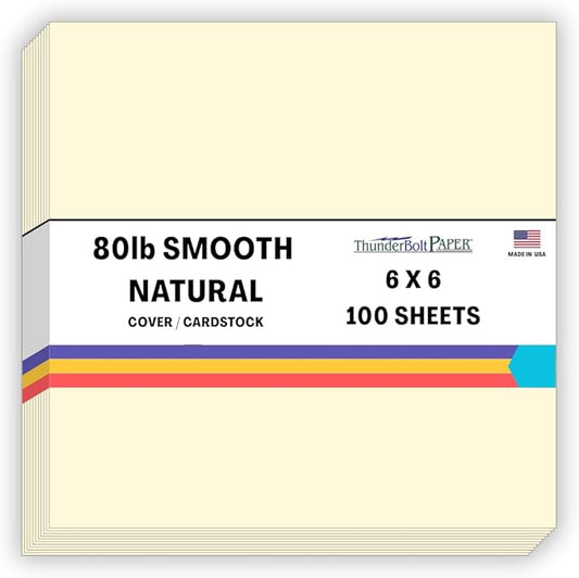 100 Natural Smooth Card Stock Sheets Paper - 6 X 6 Inches Square Scrapbook Album Size - 80# (80 lb/pound) Cover Weight - Quality Paper - Smooth Finish-DeskLoop Office