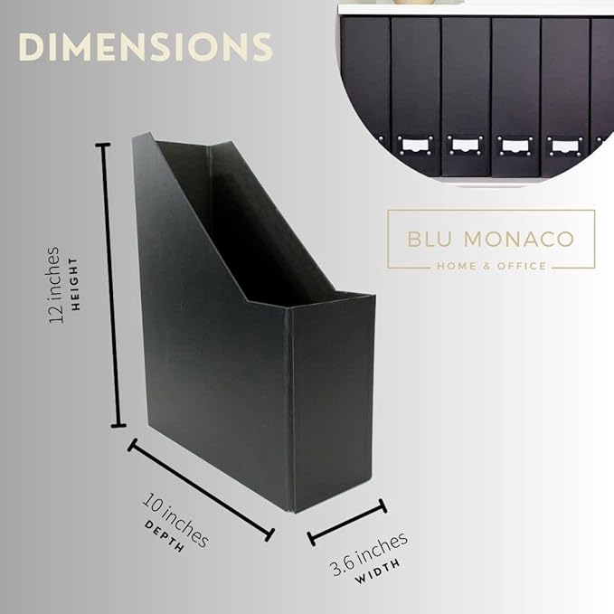 Blu Monaco Foldable Black Magazine File Holder with Leather Label Holder - Set of 6 Cardboard Magazine File Boxes Desk File Organizer-DeskLoop Office