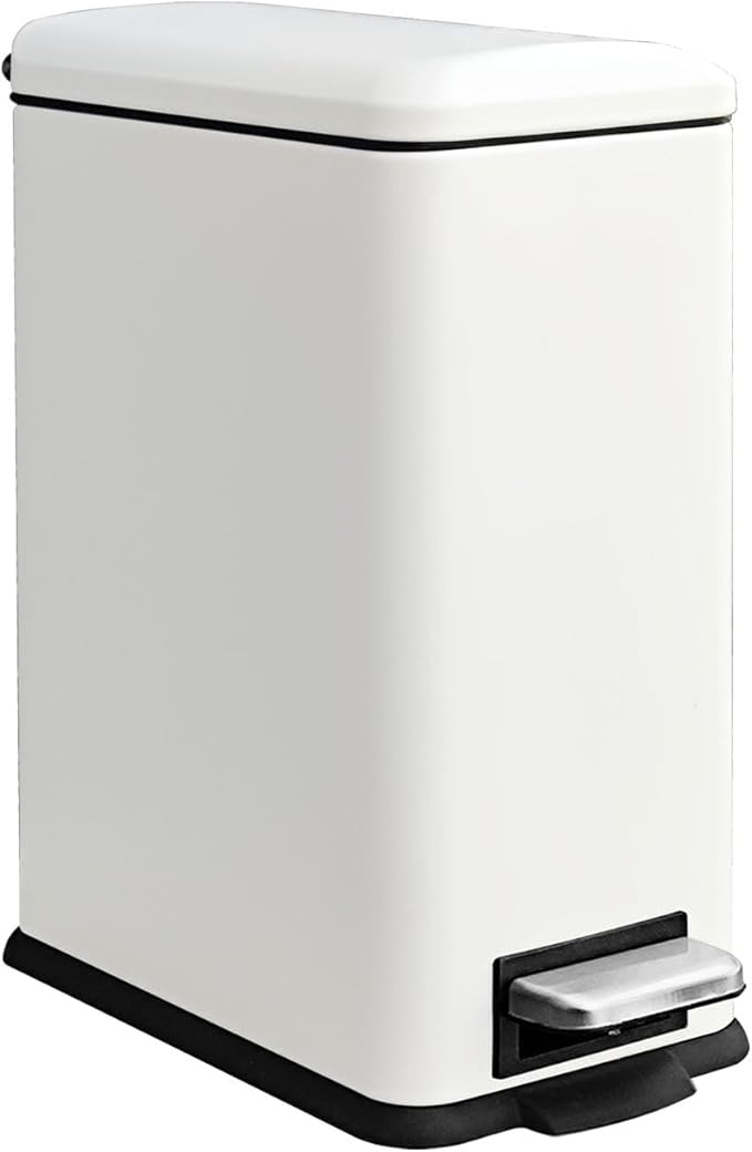 Trash Can with Lid, 10 L Bathroom Waste Bin, Small Pedal Bin, Stainless Steel Garbage Can for Bathroom, Bedroom and Office, White-DeskLoop Office
