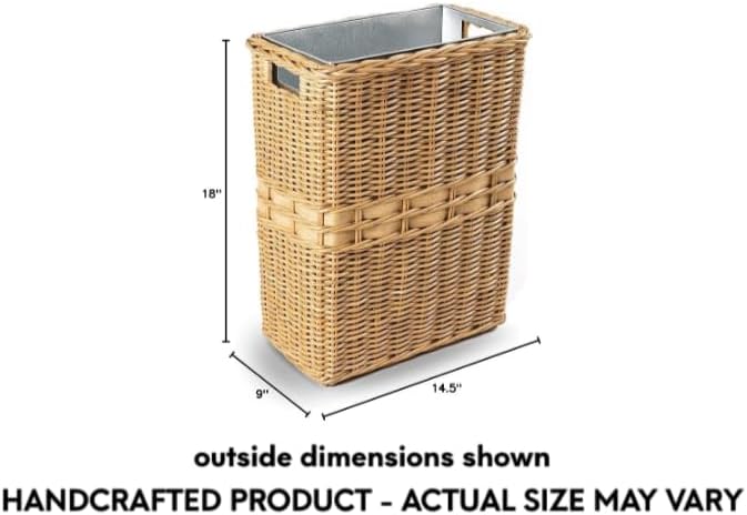 The Basket Lady Large Rectangular Wicker Waste Basket with Metal Liner, 14.5 in L x 9 in W x 18 in H, Sandstone-DeskLoop Office