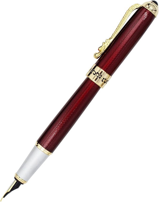 Gullor Fountain Pen with Ink Converter, Golden Dragon Clip, Executive Pen for Smooth Writing, Fine Nib, Red-DeskLoop Office