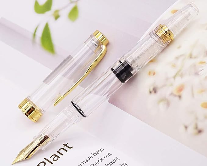 Lanxivi Yongsheng 3011 Demonstrator Clear Classical Fountain Pen Fine Nib Arrow Clip, Piston Filling System, Gold Trim, Set of 4 Pieces in transparent Color-DeskLoop Office