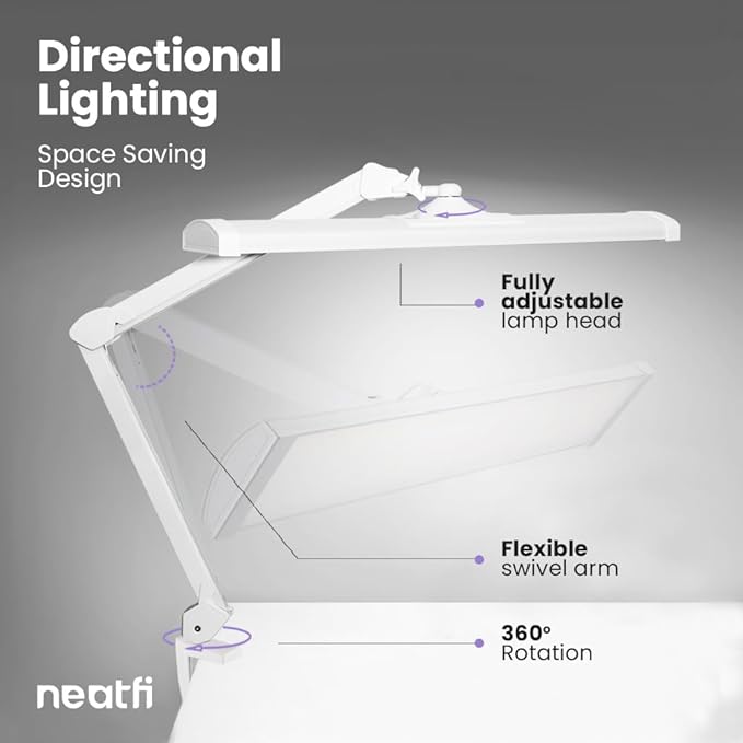 Neatfi Ultra 3,500 Lumen LED Desk Lamp, Color Correlated Temperature, 3 Light Modes, Dimmable, 45W, 26 Inch Wide Metal Shade, 540 SMD LEDs (CCT with Clamp, White)-DeskLoop Office