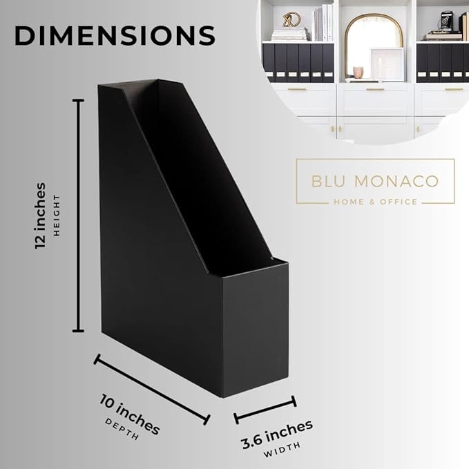 BLU MONACO Declutter in Style - Set of 6 Black Foldable Magazine File Holders with Gold Label Holders - Cardboard Magazine Storage Box & Desk Organizer for Workspace and Shelves-DeskLoop Office