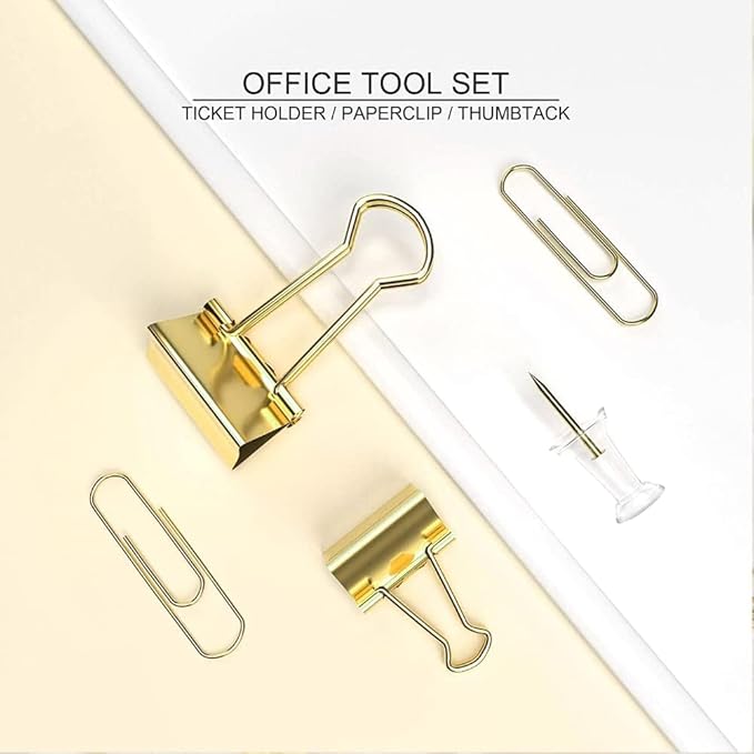 10 Pack, Gold Paper Clips and Binder Clips Set, Metal Assorted Sized Binders with Push Pins, Cute Gold Office Supplies for Desk, Desk Accessories-DeskLoop Office