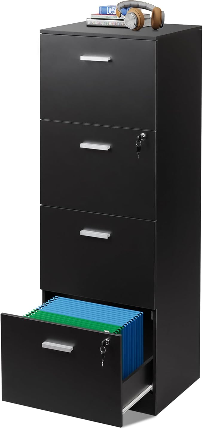 DEVAISE 4 Drawer File Cabinet with Lock, Vertical Filing Cabinet for A4/Letter Size Files, Wood Storage Organizer for Home Office, Black-DeskLoop Office