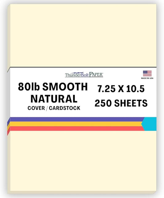 250 Natural Smooth Card Stock Sheets Paper - 7.25 X 10.5 Inches Executive Size - 80# (80 lb/Pound) Cover Weight - Soft Cream White Color - Quality Paper - Smooth Finish-DeskLoop Office
