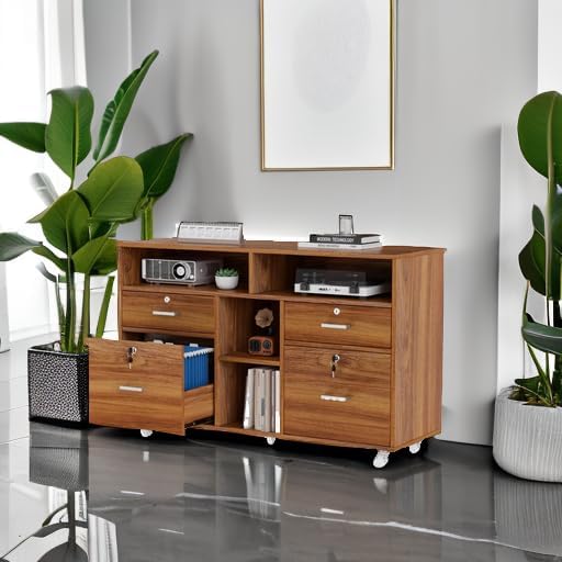 VINGLI Wide 4 Drawer Lockable Rolling File Cabinet with Open Shelves - Walnut Wood Lateral File Cabinet Printer Stand for Home Office, Letter Sized-DeskLoop Office