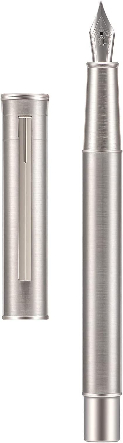 Hongdian 1861 Stainless Steel Fountain Pen Medium Nib, Classic Design Smooth Writing Pen with Converter and Metal Pen Case Set-DeskLoop Office