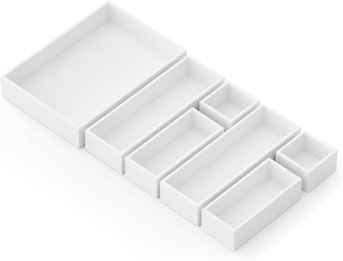SpaceAid 7-Piece Bamboo Drawer Organizer Storage Boxes Set, Wood Tray Junk Drawer Organizers Multi-Use Divider Bins for Kitchen, Bathroom, Office Desk and Makeup Organization (7 Pack, White)-DeskLoop Office