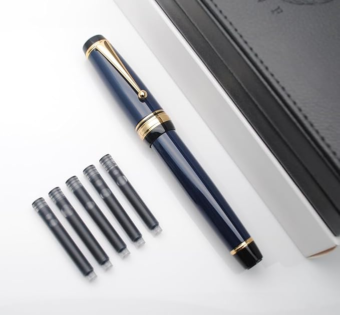 Metal Big Fountain Pen Set Medium Nib 0.7mm, Includes Ink Refill Converter, 5 Ink Cartridges & Gift Box (Medium Nib 0.7mm, Dark Blue)-DeskLoop Office