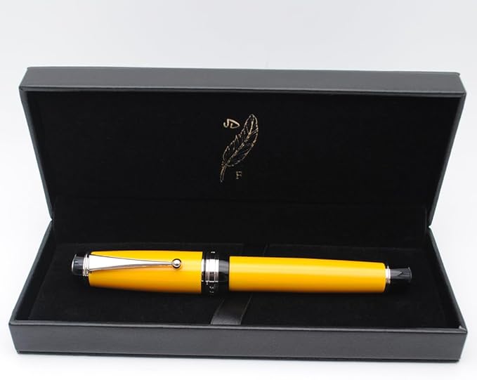 Metal Big Fountain Pen Set Medium Nib 0.7mm, Includes Ink Refill Converter, 5 Ink Cartridges & Gift Box (Medium Nib 0.7mm, Yellow with Silvery Clip)-DeskLoop Office