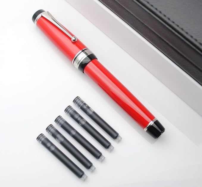 Metal Big Fountain Pen Set Medium Nib 0.7mm, Includes Ink Refill Converter, 5 Ink Cartridges & Gift Box (Medium Nib 0.7mm, Red with Silvery Clip)-DeskLoop Office
