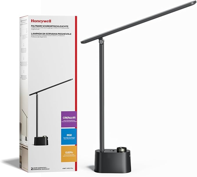 Honeywell Upgraded LED Desk Lamp - H01 Pro Sunturalux™ Foldable Desk Light with USB A+C Charging Ports, 3 Color Modes Dimmable Table Lamp for Home Office Reading(Black)-DeskLoop Office