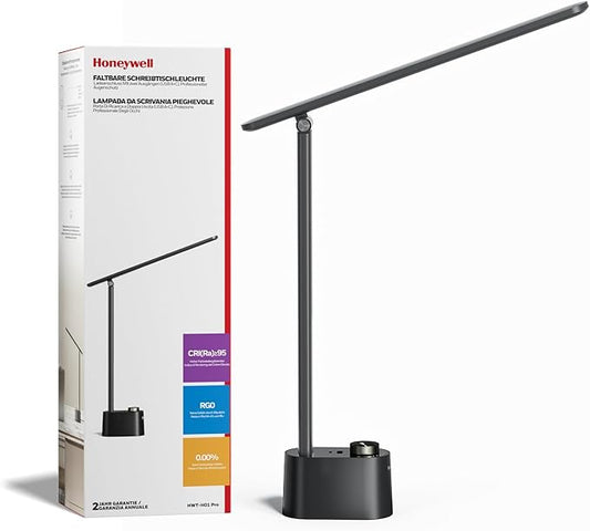 Honeywell Upgraded LED Desk Lamp - H01 Pro Sunturalux™ Foldable Desk Light with USB A+C Charging Ports, 3 Color Modes Dimmable Table Lamp for Home Office Reading(Black)-DeskLoop Office