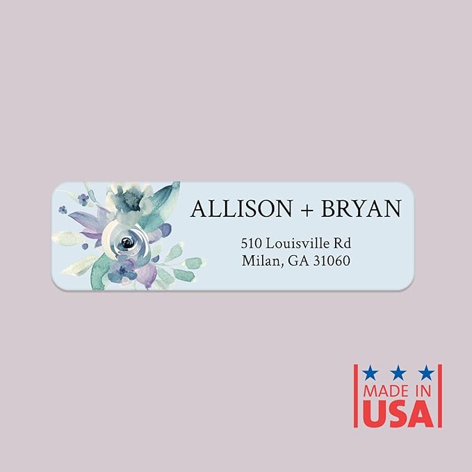 Blue Watercolor Floral Rolled Address Labels / 500 Personalized Return Address Labels/Designer Address Stickers in Elegant Plastic Dispenser-DeskLoop Office