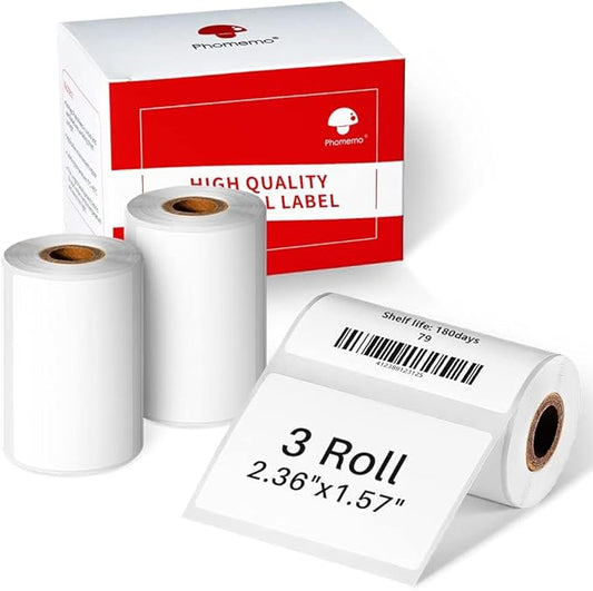 Phomemo 3 Roll 2.36"x 1.57" Thermal Sticker Label, 180 Labels/Roll Compatible with M220, M250, M260,M200, M221 Printer, Strong Permanent Adhesive, for Customer Mailer, Address, Business Letter-DeskLoop Office