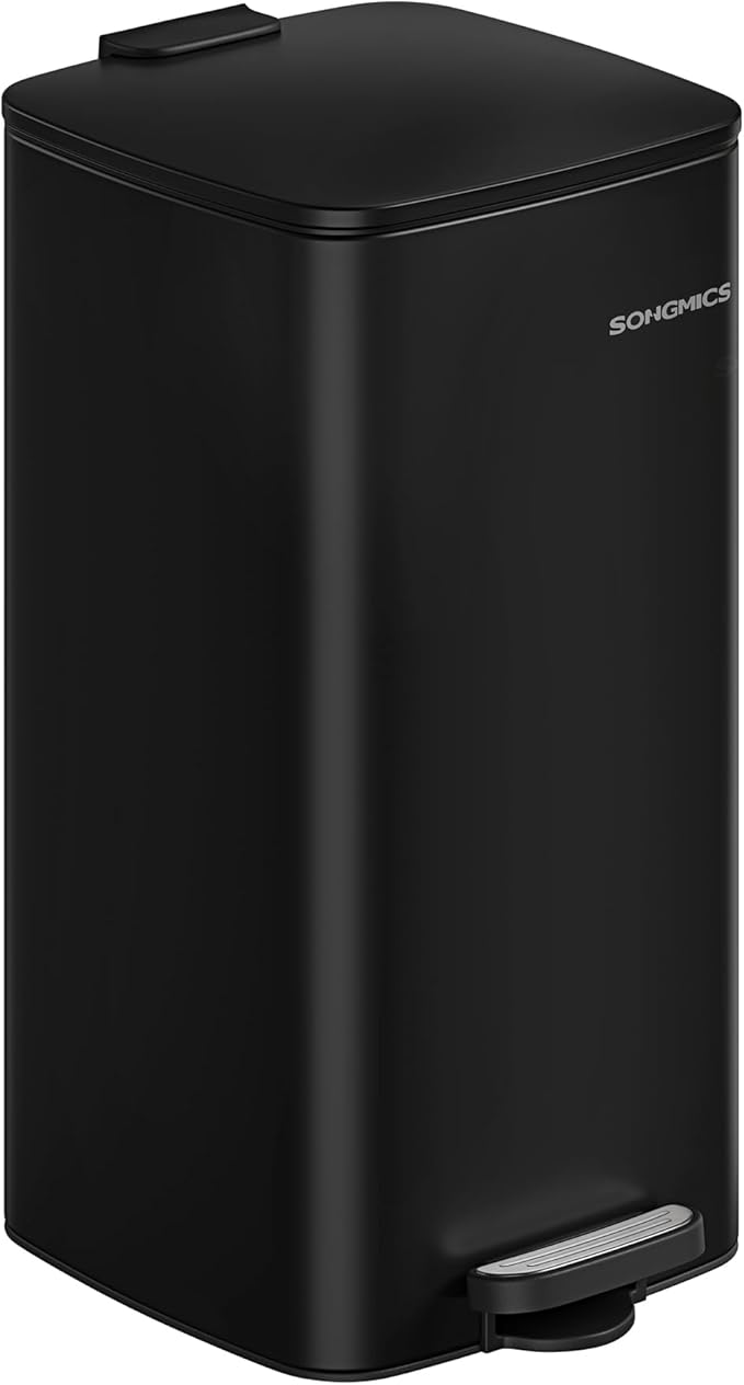 SONGMICS Kitchen Trash Can, 8-Gallon (30 L) Trash Bin, Stainless Steel Garbage Can, with Inner Bucket, Soft Close and Stays Open, Ink Black ULTB593B01-DeskLoop Office